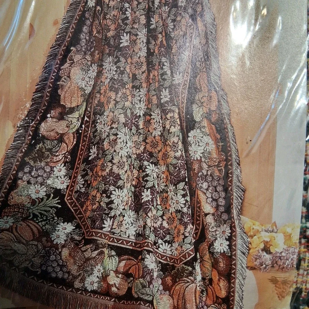 VTG 90s Cottagecore Woven Tapestry Fall Flowers Throw Blanket 50